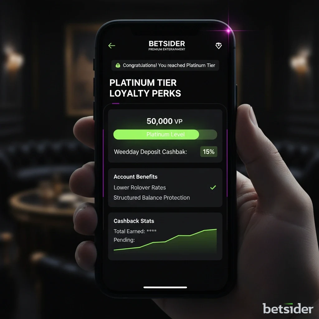 Betsider VIP Platinum tier loyalty perks interface shown on a smartphone
