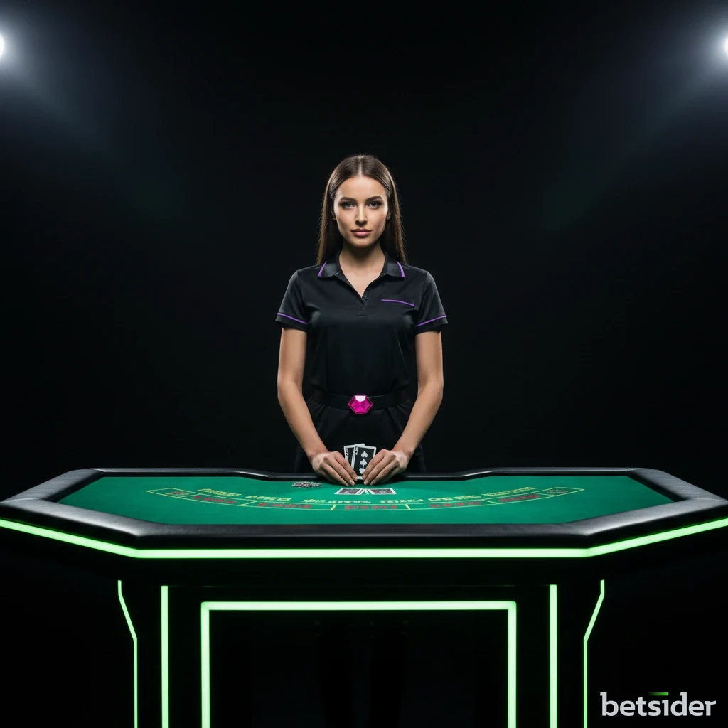 Professional live dealer hosting an online blackjack table stream.