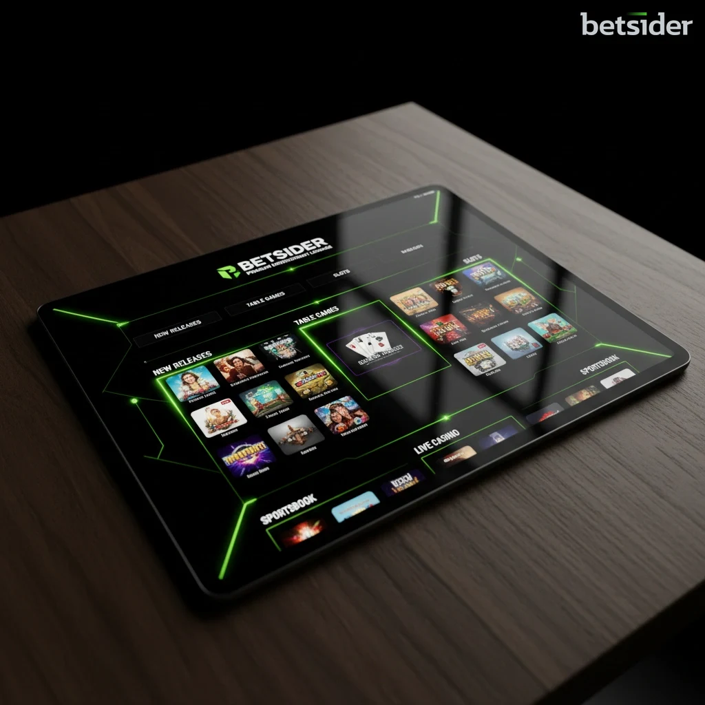 Betsider online casino lobby displayed on a tablet screen showing video slots and live dealer games