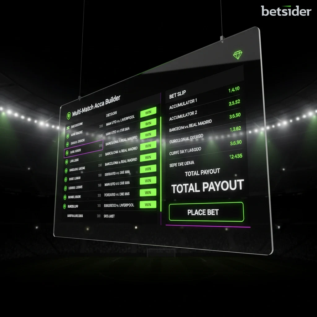 Football match accumulator slip interface displaying active selections
