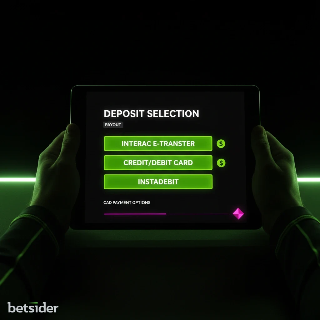 Betsider deposit cashier interface showing Interac and credit card options
