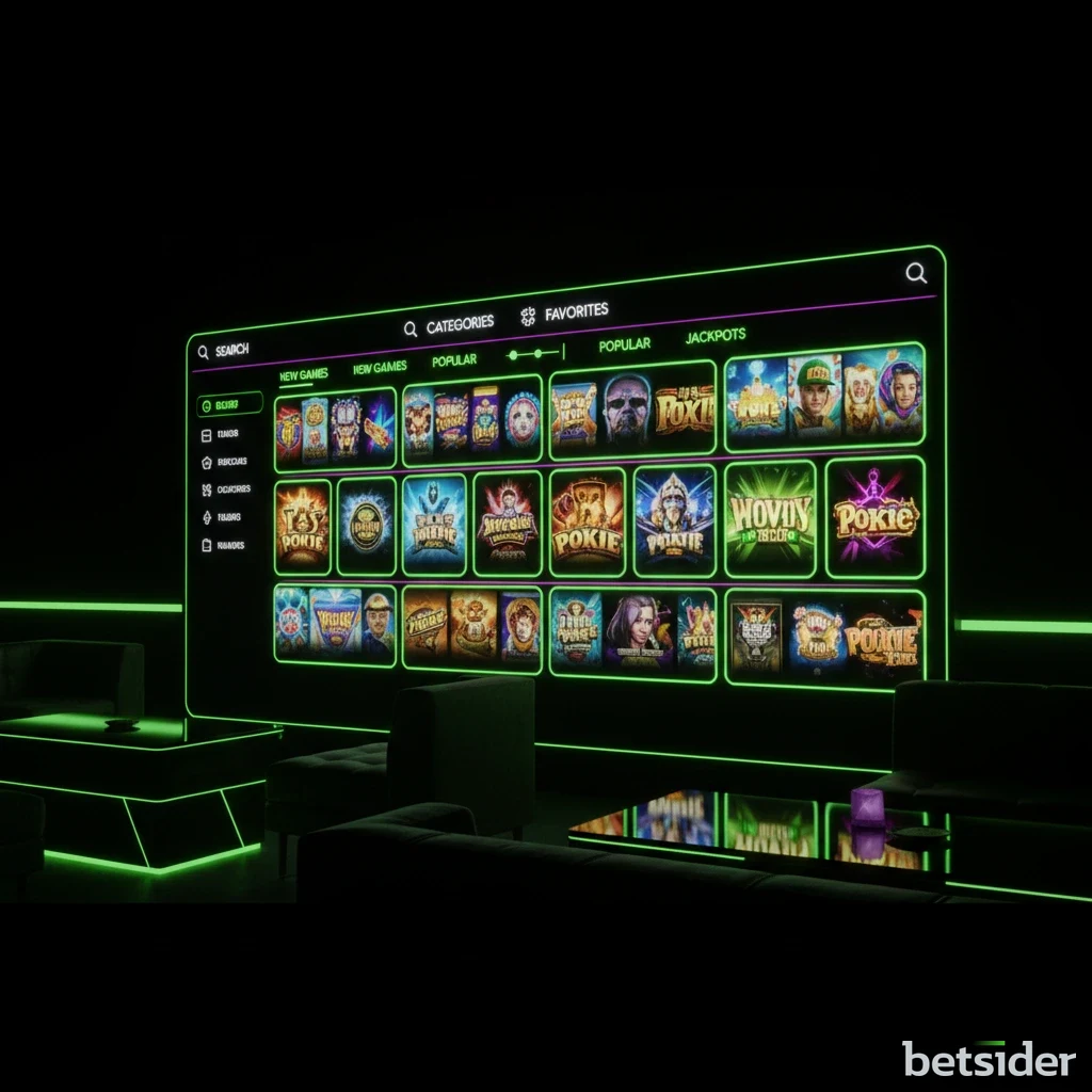 Filterable grid layout of video slots in the Betsider casino lobby.