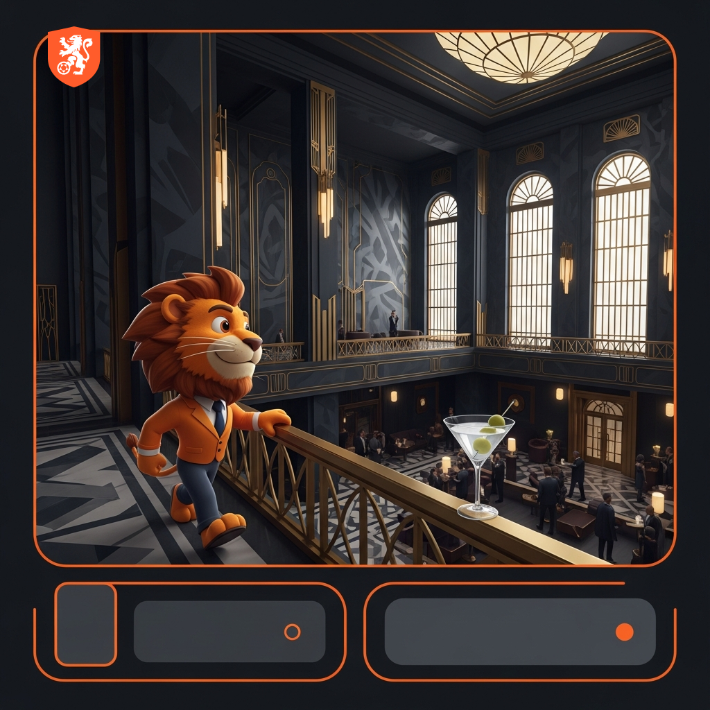 Dapper lion mascot in a luxurious VIP hall